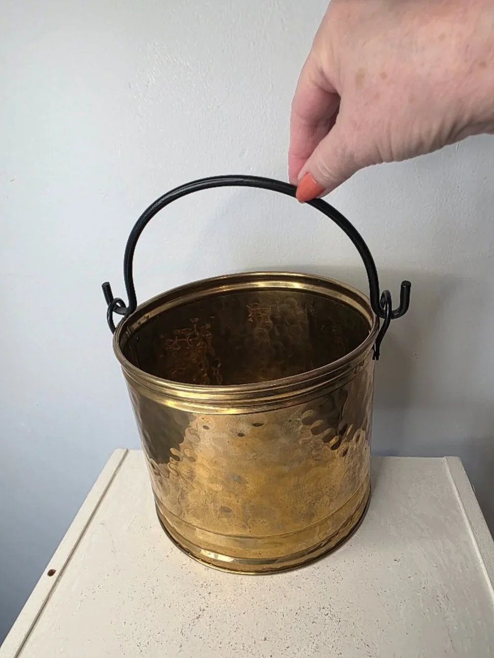 Hammered Brass Pail Bucket Black Metal Handle 6